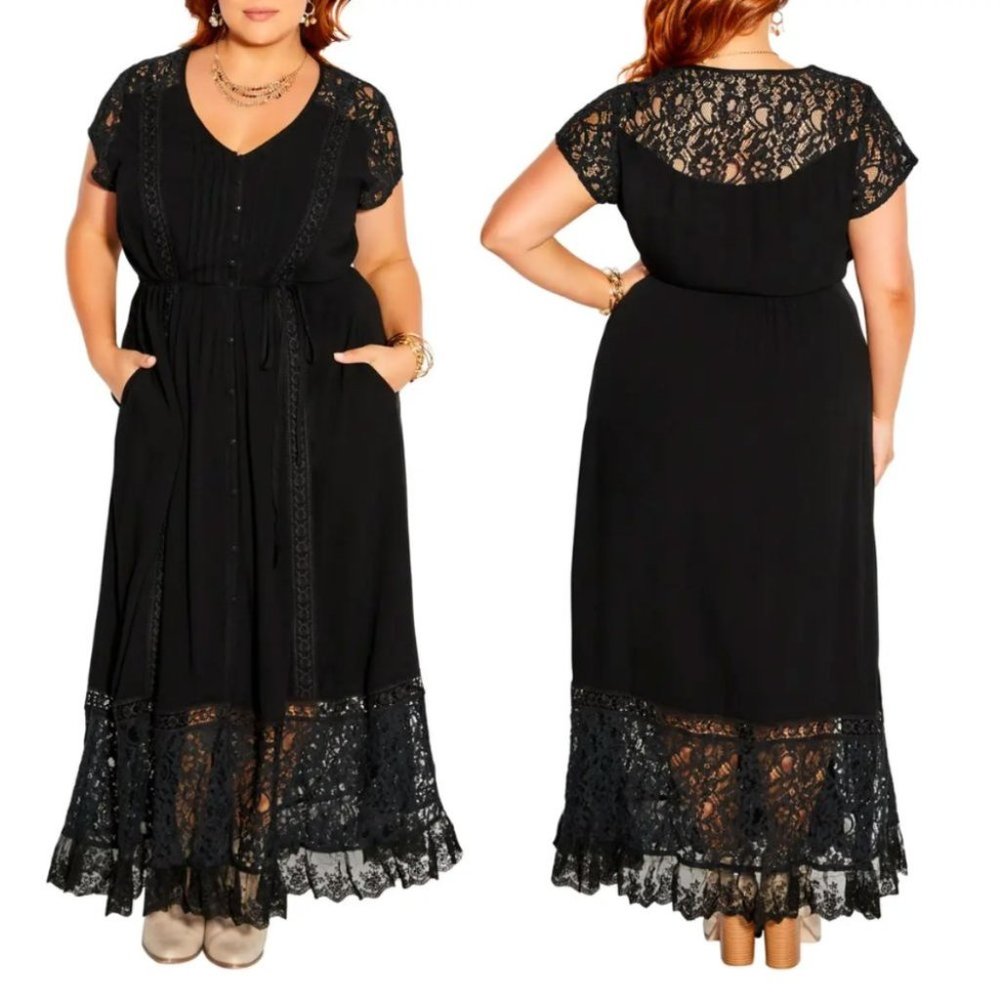 NWOT City Chic City of Angels Lace Dress Black Floral Lace Maxi Button Front
